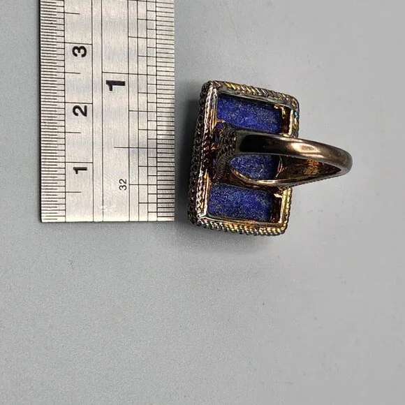 Lapiz Lazuli Rectangle Cocktail Ring RI China 925 Size 8 Sterling Silver - Picture 11 of 12